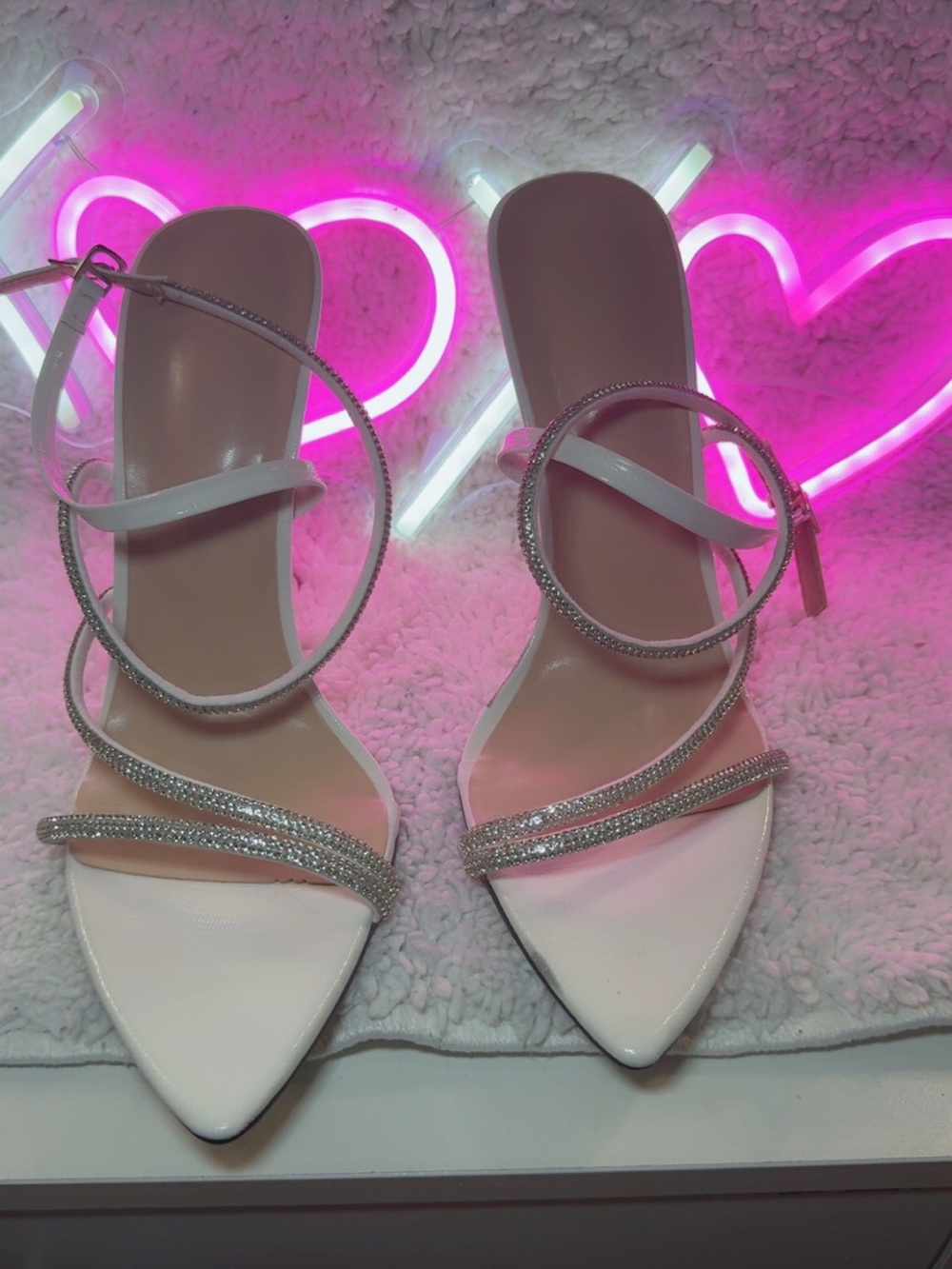 SHEIN White Rhinestone Strappy Pointed Heels